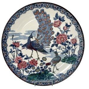 Imari Vintage Japan Blue White Red Peacock Pheasant 12.5” Decorative Plate